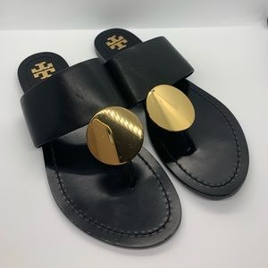 Tory Burch Patos Disc Black Gold Sandals Sz 7